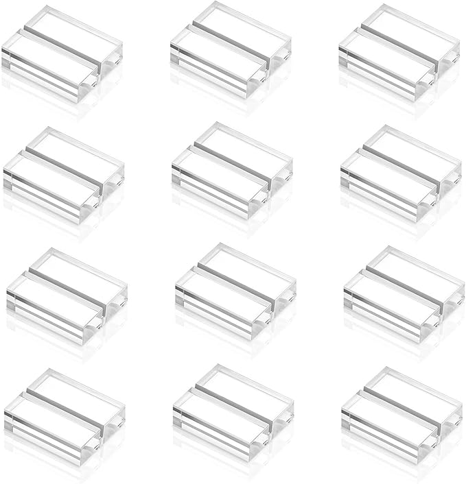 Yalikop Acrylic Place Card Holders 1.2 Inch Name Card Holder Stands Clear Table Number Stands Wedding Sign Holders Display Stand for Table Wedding Photos Office Menu Meeting(12 Pieces)