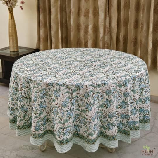 Ridhi Round Tablecloth Hand Block Print 100% Cotton Reusable Sage and Russian Green 90 Inch Table Cover Decorative Everyday Use for Dining, Home, Wedding, Farmhouse Gift for Spring, Mother's Day