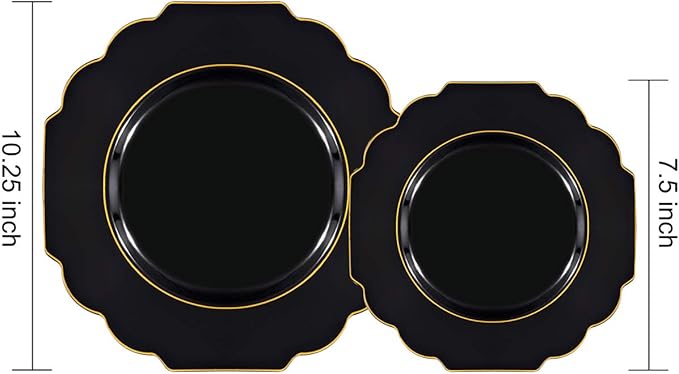 Supernal 60pcs Black Plastic Plates with Gold Rim, Baroque Black and Gold Plastic Plates, Include 30 Dinner Plate, 30 Appetizer Plate, Suit for Party, Birthday, Wedding, Halloween