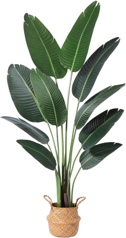 Ferrgoal Artificial Bird of Paradise Plants 5Ft Fake Tropical Palm Tree with 10 Trunks in Pot and Woven Seagrass Belly Basket Perfect Faux Plant for Home Indoor Outdoor Office Modern Decor Green