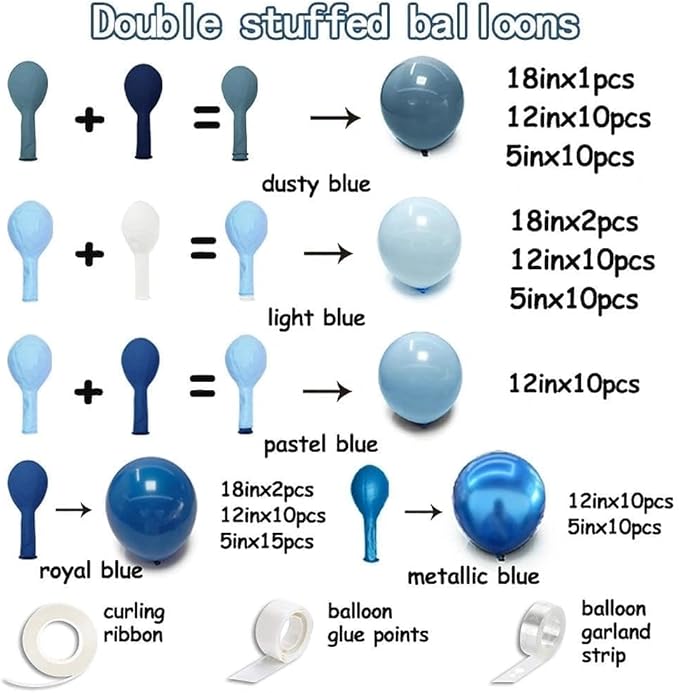Dusty Blue Balloon Arch Double Stuffed Light Dark Blue Balloons Different Size Blueberry Balloon Garland Kit for Baby Shower Birthday Wedding Bridal Graduation Party Decorations