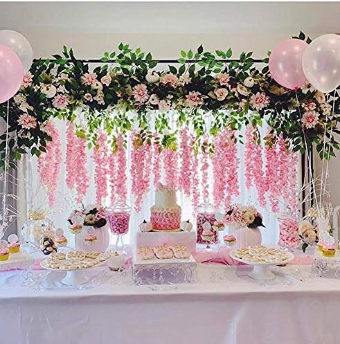 Pauwer 24 Pack 3.6 Feet/Piece Artificial Fake Wisteria Vine Ratta Hanging Garland Silk Flowers Home Party Wedding Decor (Pink, 24PCS)