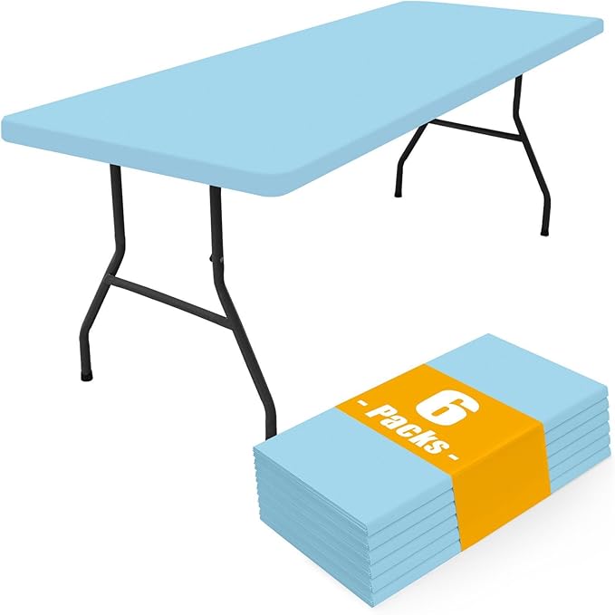 Smiry 6 Pack Rectangle Picnic Table Cloth, Waterproof Elastic Fitted Tablecloths, Washable Polyester Rectangular Patio Table Cover for Camping, Indoor and Outdoor (Light Blue, 30"x96")
