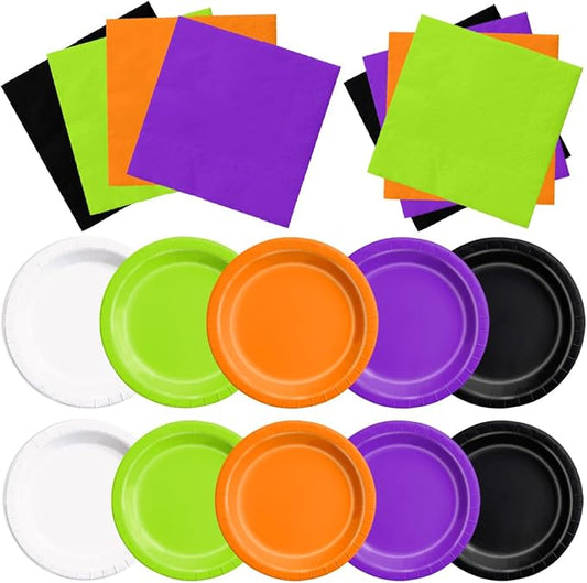 CMUSKO 60pcs Halloween Plates and Napkins - Black Orange Green Purple Tableware for Halloween Birthday Baby Shower Decorations