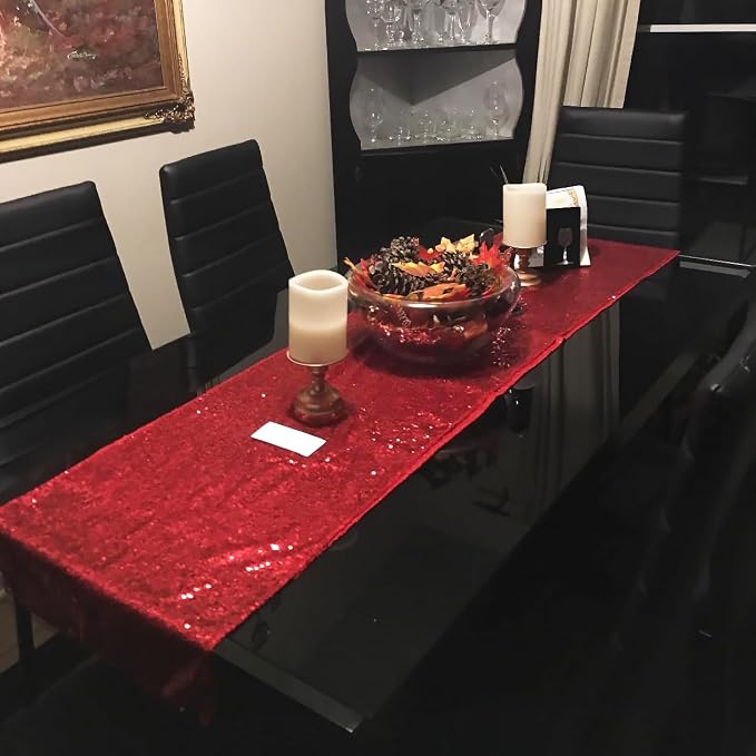 12 Pack Red Sequin Table Runner 12 x 108 Inch - High Density Sparkly Glitter Table Runners for Wedding, Birthday, Anniversary Banquet, Shimmering Red Party Decor