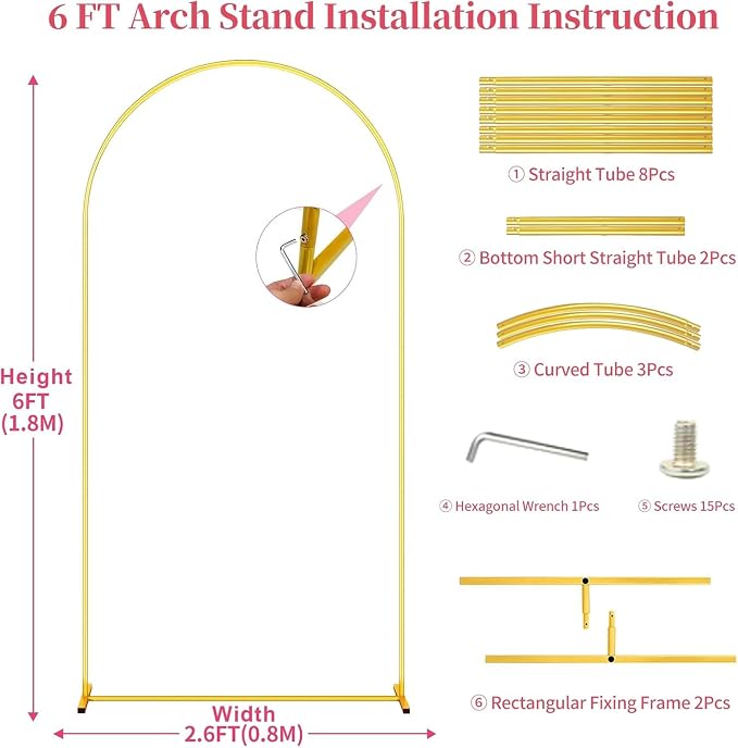 Set of 2 Gold Metal Arch Backdrop Stands (7.2FT + 6FT) Wedding Arch Frame for Birthday Party, Baby Shower, Graduation Decoration, Balloon Arch Frame for Events & Celebrations