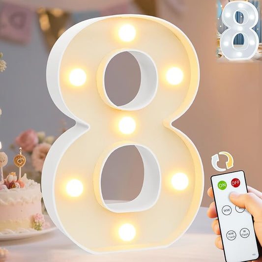 Pooqla LED Light Up Numbers, Marquee Number with Remote for 8th Birthday Decoration, Lighted Numbers Gift for Boys Girls Party Backdrop Wedding Anniversary Decor, Warm White and Cool White Number 8