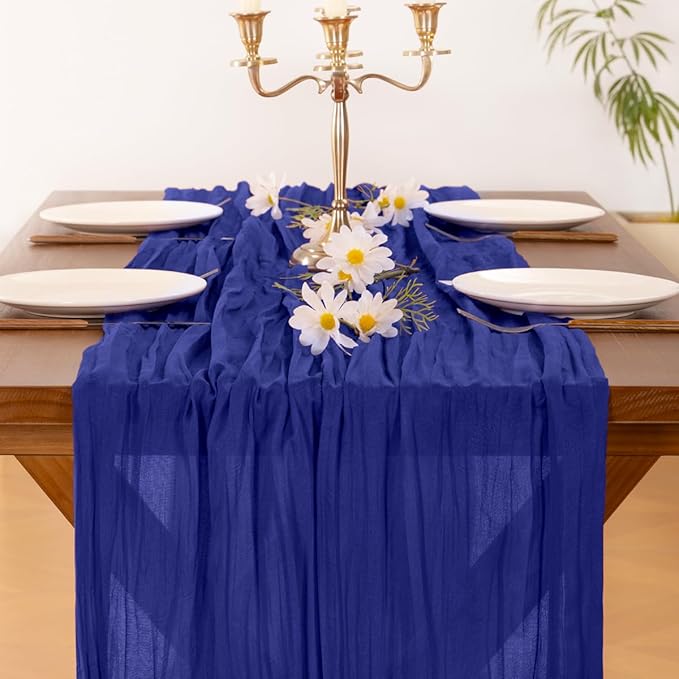 Socomi 2pcs Royal Blue Easter Spring Cheesecloth Table Runner Boho Rustic Gauze 120 inch 10FT Cheese Cloth Runner for Wedding Party Baby Shower Birthday Home Decor Holiday Decorations