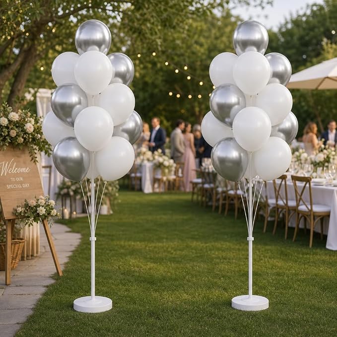 Balloon Column Kit for Floor-Balloon Columns with Stand, Base and Pole,Balloon Tower Backdrop Decoration for Wedding, Baby Shower, Birthday Party, or Bachelorette Parties (Silver White)