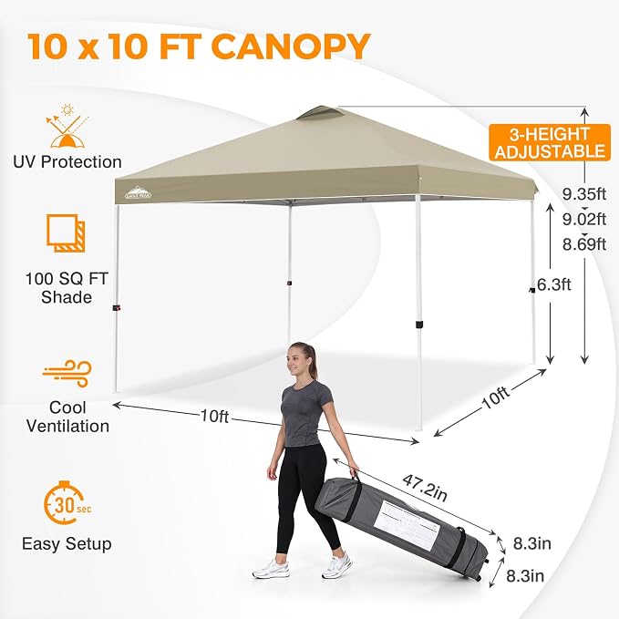 EAGLE PEAK Pop Up Canopy Tent with Wheeled Carry Bag, 8 Stakes, 4 Ropes, 4 Weight Bags, Easy Set Up Tent Canopy, 10x10 ft, 100sqft of Shade, Light Beige