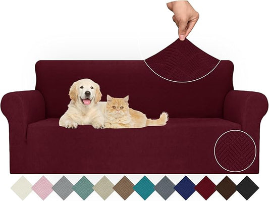 JIVINER Stretch Sofa Covers 1 Piece Couch Covers for 3 Cushion Couch Sofa, 3 Seater Sofa Slipcovers Furniture Protector with Elastic Bottom for Kids, Pets (Large, Wine Red Rhomb)