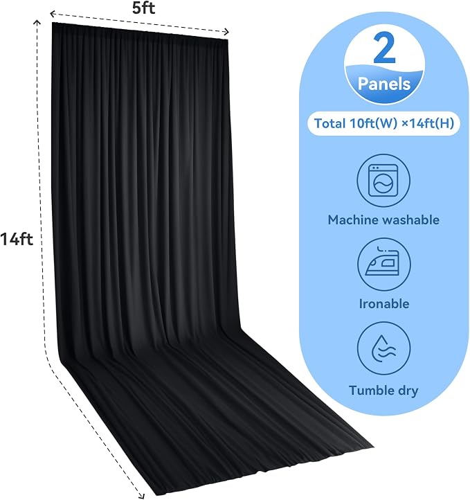 10ftx14ft Black Backdrop Curtain for Wedding Parties, Wrinkle Free Polyester 2 Panels 14 ft Long Photo Backdrop Drapes Back Drop Cloth for Birthday Photography Background Party Backdrop