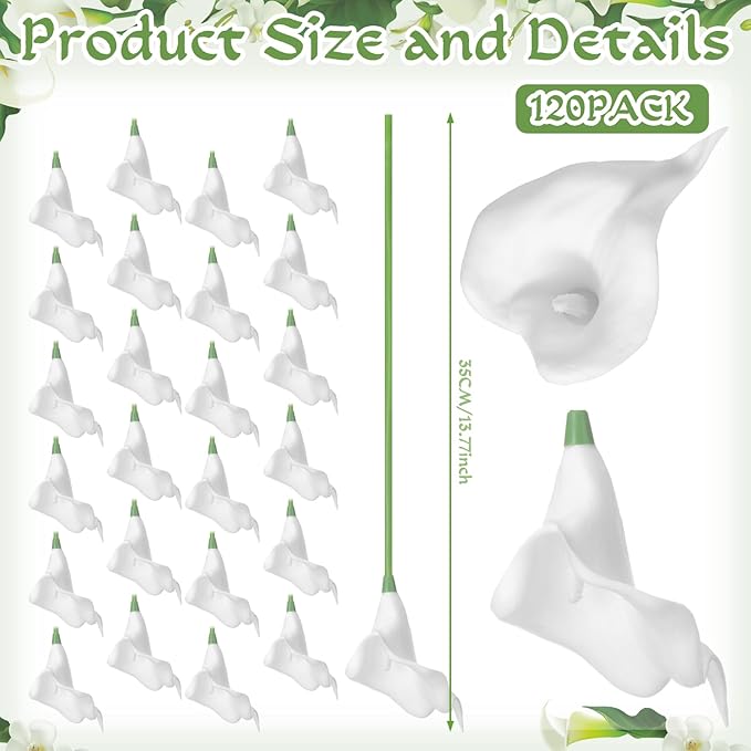 Lyrow 120 Pack Classic White Calla Lily Artificial Flower, Faux Calla Lily Hanging Flower, Ceiling Floating Garland Fake Floral Ornament for Wedding Arch Table Decor DIY Bouquet Bride Shower Tall Vase