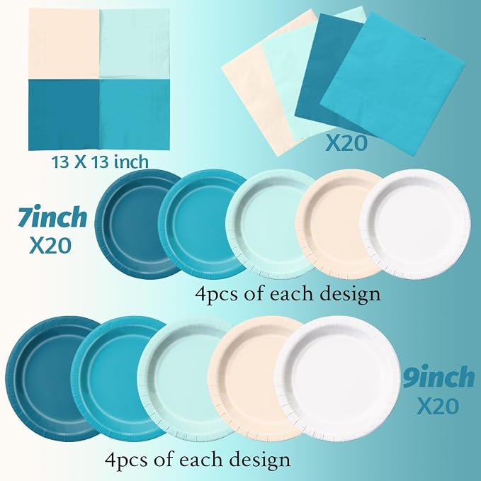 CMUSKO Beach Birthday Party Decorations - 60pcs Pool Summer Plates and Napkins Blue Hawaiian Beach Ocean Tableware