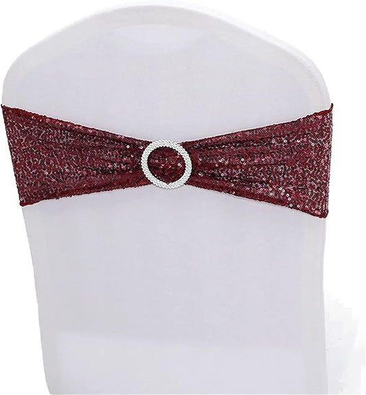 Sequin Chair Sashes Spandex, Pack of 20 Sequin Stretch with Buckle Chair Bands for Wedding Banquet Birthday Graduation Party Anniversary Prom Celebration Chair Decorations (Burgundy, 20pcs)