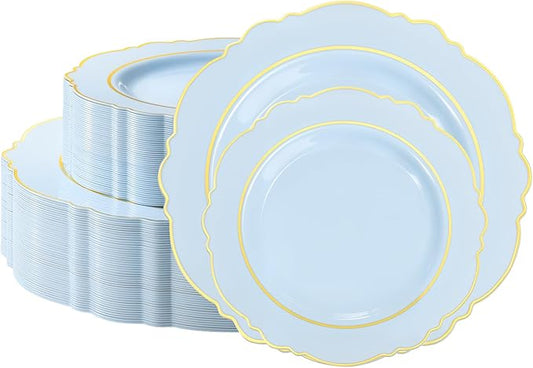 realluck 100PCS Light Blue and Gold Plastic Plates, Fancy Baroque Disposable Wedding Plates - 50 Dinner & 50 Salad Plates, Pastel Blue Party Supplies for Baby Shower, Bridal Showe