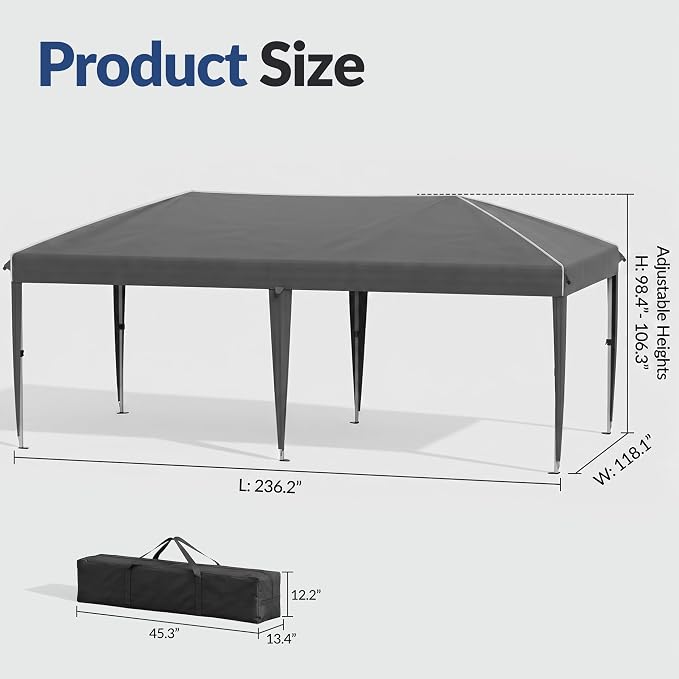 Anunweldo 10x20 Pop Up Canopy Without Sidewalls, Instant Tent with Carry Bag, Sandbags, Height Adjustable Waterproof Outdoor Canopy, Outdoor Canopy for Events, Camping, Parties (Reflective Strips)