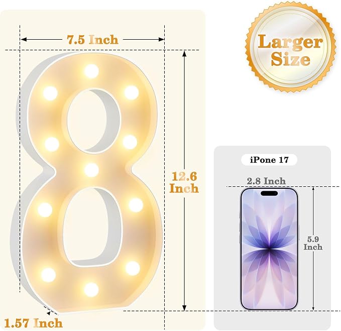 12.6 Inch LED Marquee Light Up Numbers with Happy Birthday Music, Remote Birthday Number Lights as Gifts for Girls Women Men, Lighted Marquee Numbers for Table Party Decorations, Number 8