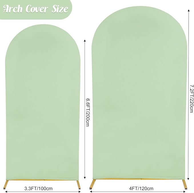 Set of 2 Wedding Arch Cover 2-Sided Round Top Spandex Fitted Arch Backdrop Cover for Birthday Party Baby Shower Wedding Arch Stand Decor（7.2FT, 6.6FT, Sage Green）