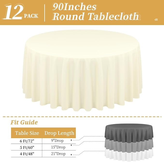 12 Pack Round Tablecloths - 90 Inch, Beige Polyester Table Cover for Round Table, Stain and Wrinkle Resistant Washable Fabric Tablecloth, Polyester Tablecloth for Wedding Banquet Parties