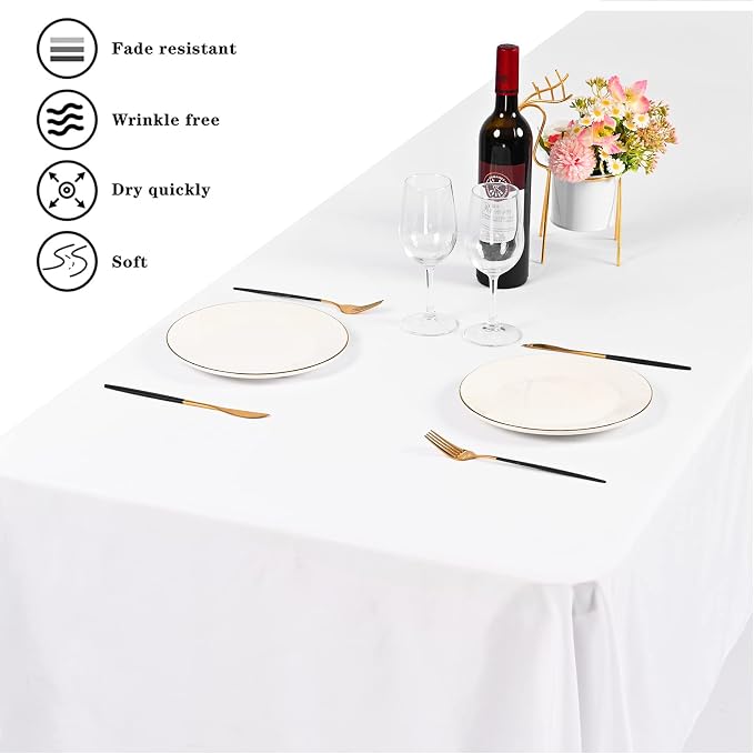 6 Pack Tablecloth 90 x 156 inch Polyester Table Cloth for 8 Foot Rectangle Tables,Stain and Wrinkle Resistant Washable Fabric Table Covers Polyester White Table Clothes for Wedding,Party,Banquet