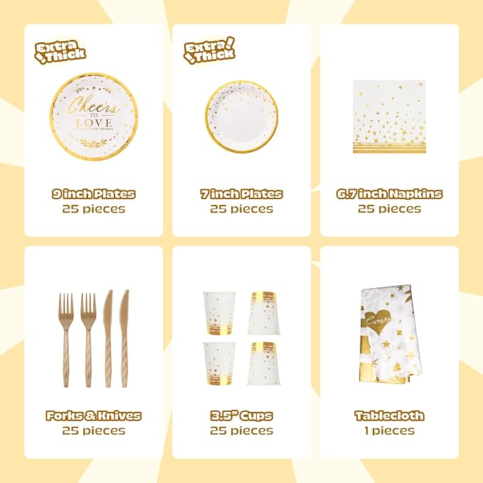 151 Counts 'Cheers to love' Gold Dinnerware and Tablecloth Set for Bridal Shower, Engagement, Wedding, Party Decorations, Elegant Tableware Set Includes Plates, Napkins, Cups, Tablecloth, Knives, Fork