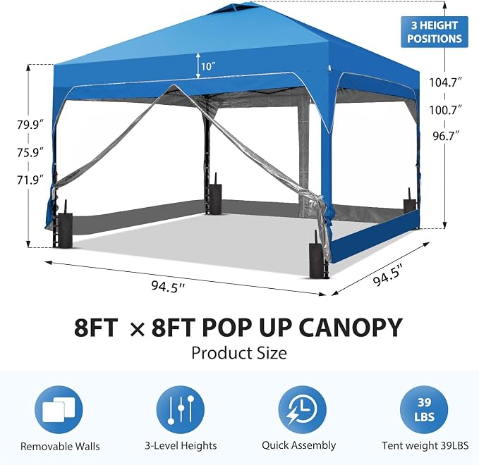8x8 FT 1-Button Push Pop Up Canopy with 4 Clear PVC Sidewalls, Sandbags, Instant Canopy Tent for Outdoor Events