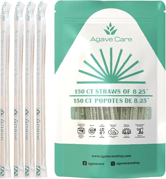 150 Pack 8.25" Biodegradable Wrapped Straws Made W/Agave Fibers - A Natural Environmentally Friendly Option Compostable, Healthier, Safer & Reusable Eco-friendly Drinking Straws - Natural