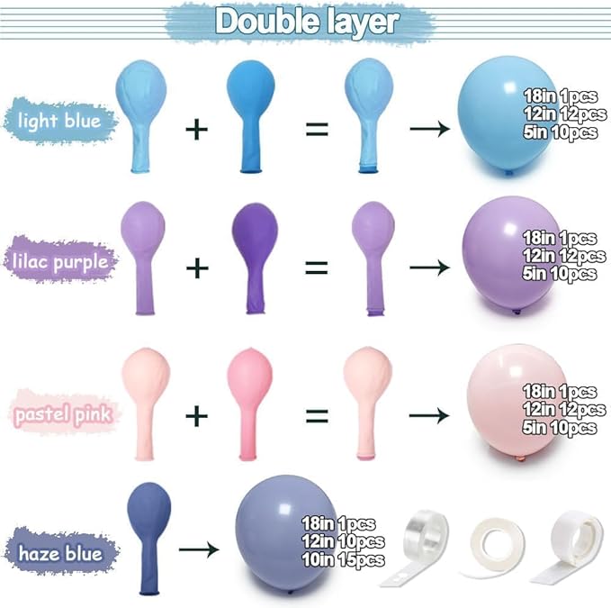 Pink Blue Purple Balloon Garland Double Stuffed Lavender Lilac Dusty Blue Pastel Balloon Arch Kit For Baby Shower Gender Reveal Baptism Birthday Party Decoration