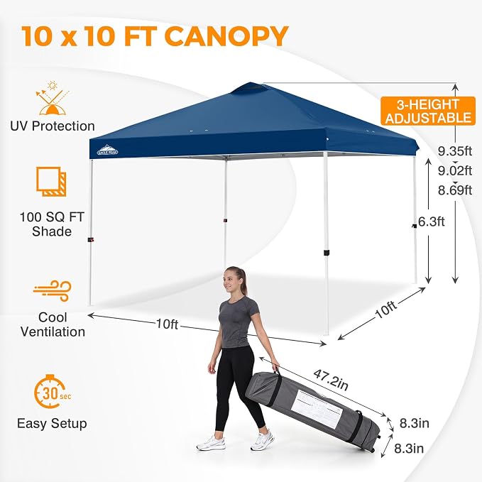 EAGLE PEAK Pop Up Canopy Tent with Wheeled Carry Bag, 8 Stakes, 4 Ropes, 4 Weight Bags, Easy Set Up Tent Canopy, 10x10 ft, 100sqft of Shade, Dark Blue