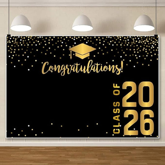 ChloropLastid 5x3ft Congrats Grad Backdrop Black Gold Class of 2026 Glitter Dots Photography Background Bachelor Cap Graduation Backdrop Banner for Graduation Prom Party Photo Booth Props
