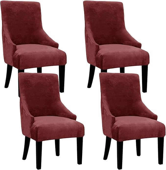 Velvet Wingback Dining Chair Cover Soft Stretch Accent Chair Cover Slipcover Thick Plush Wing Back Chairs Covers Furniture Protect Washable Chairs Protector Covers for Dining Room (Wine, 4)