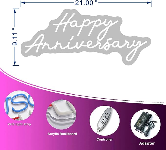 Custom Neon Sign Happy Anniversary Neon Sign,Custom Neon Led Sign, Wedding Neon Sign, for Girlfriend Boyfriend Wife Husband Parents Engagement Birthday Party Decoration. Size:21inch