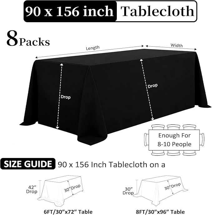 8 Pack Black Tablecloths 90 x 156 Inch Rectangular Table Cloths for Rectangle Tables 8ft, Wrinkle Resistant Black Table Cloth Washable Polyester Fabric for Buffet Wedding Party Banquet