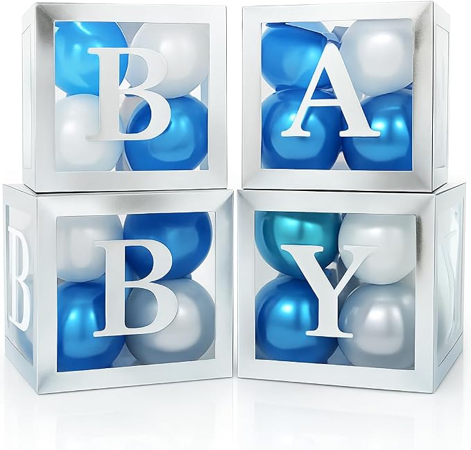 44-Piece Baby Shower Decorations for Boy or Girl - 4 Boxes with Letters and 32 Balloons - Stylish Silver and Blue - Gender Reveal Party Supplies - Photo Shoot Backdrop Prop