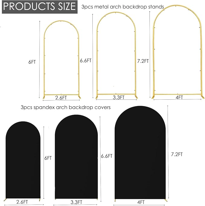 Wedding Arch Backdrop Stand and Cover Set, Black, 6FT/6.6FT/7.2FT | Set of 3, Metal Arch Backdrop Stand, High Elasticity Arch Cover, For Wedding Birthday Baby Shower