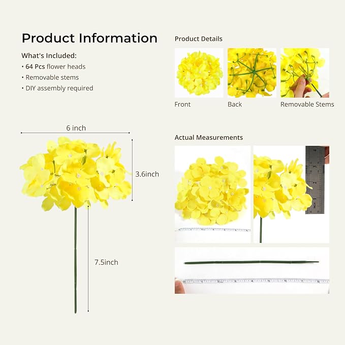 Auihiay 64pcs Hydrangea Artificial Flowers, Yellow Silk Hydrangea Heads with Stems, Hydrangea Flowers for DIY Wedding Centerpiece Baby Shower Home Party Decor (Yellow)