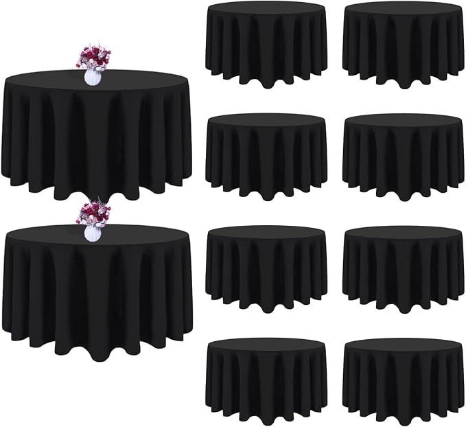 10 Packs 120 Inch Black Round Tablecloth in Diameter, Washable Polyester Fabric Tablecloths, Wrinkle Resistant Table Cloth for Wedding Party Banquet Dining
