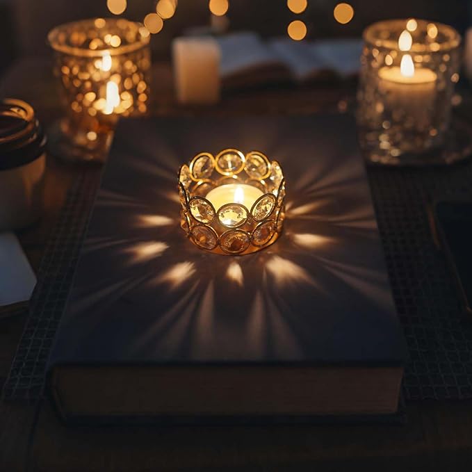 12 Pack Gold Metal Crystal Tea Light Candle Holders - 2.4"x1.6" Bulk Small Votive Candle Holders for Wedding, Home, Party Table Centerpiece Decorations