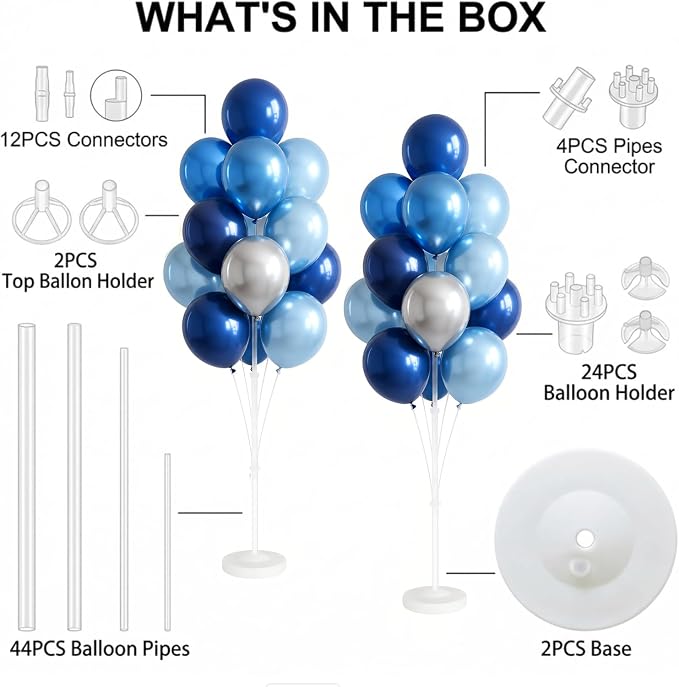Balloon Column Stand Kit,2 Sets of Assorted Rainbow Balloon Tower Pillar with 10inch Bright Color baloon Reusable Design for Grirls Party,Birthday, Wedding,Baby Shower (Metallic Blue Sliver)