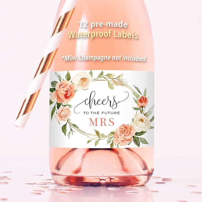 Cheers to the Future Mrs. - 12 Mini Champagne Bottle Labels, Waterproof Mini Wine Bottle Labels for Bridal Shower Bachelorette Party (Peach Floral, 12 Mini Bottle Labels)