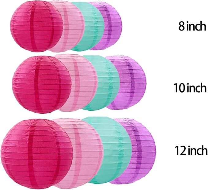 CC wonderland zone 12pcs Hot Pink Purple and Pastel Blue Paper Lanterns,Hanging Paper Lanterns for Girls Baby Shower Ocean Theme Under The Sea Birthday Party Decorations