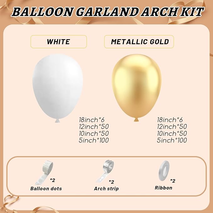 412Pcs White and Gold Balloon Arch Kit,18 12 10 5 Inch Gold balloons White Metallic Gold Latex Different Sizes Balloon Garland kit for Birthday Anniversary Wedding Baby Shower Party Decorations
