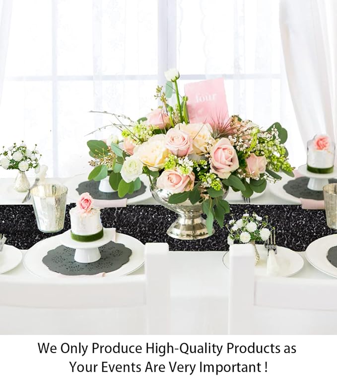 ShinyBeauty Sequin Table Runners 5 Pack 12x108 Inch, Elegant Sparkling Party Decor for Wedding & Baby Shower, Home Dining Table Decorations (Black)