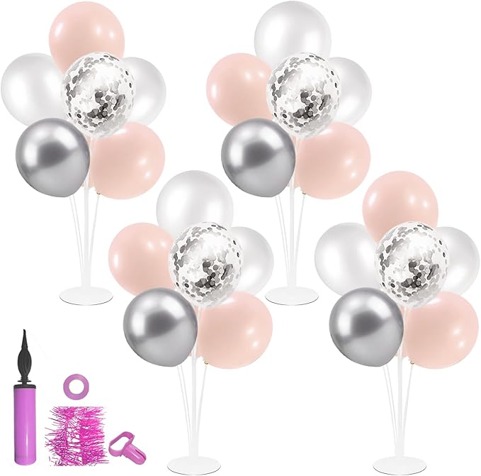 ZJDHPTY 4Set Silver Pink Balloon Stand Girl Baby Shower Decorations | Table Balloon Centerpiece for Girls 1st Sweet 16 Birthday Bridal Shower Engagement Wedding Bachelorette Party Decor