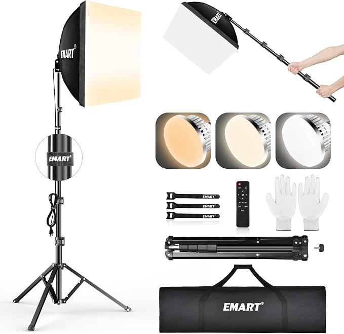 EMART 10x7ft Backdrop Stand +16"X16" Softbox Lighting Kit 3000K-6000K 85W LED Bulb