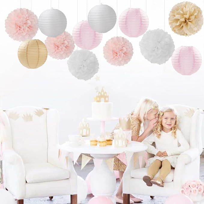 Light-Pink Gold White Party-Decorations Paper-Flowers Lanterns Panduola | 15pc Boho Tissue Pom Poms Streamers,Birthday Bachelorette Bridal Baby Shower Engagement Wedding Graduations Decor Panduola