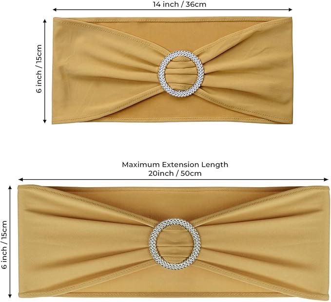 Babenest Spandex Chair Sashes Bows 50PCS Premium Stretch Chair Cover Band with Buckle Slider Universal Elastic Chair Ties for Wedding Party Easter Ceremony Reception Banquet Decoration (Gold)
