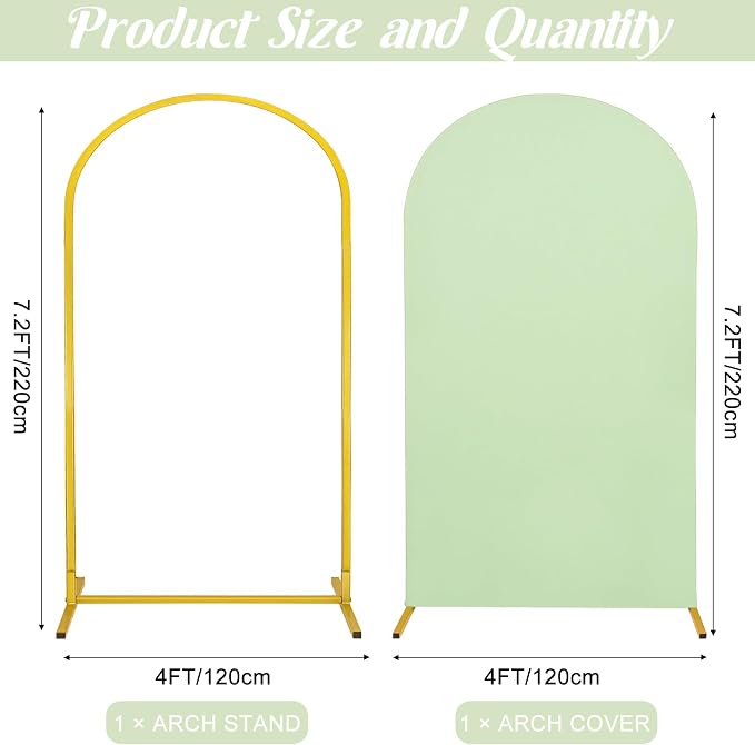 Metal Arch Stand and Cover Set,1 Sage Green Spandex Fitted Backdrop with 1 Gold Wedding Arched Stand Frame for Parties Birthday Baby Shower Bridal Banquet Decoration (7.2FT)