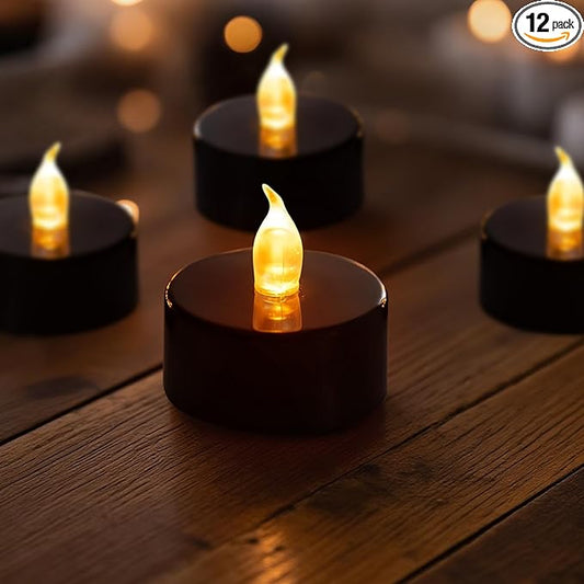 Tea Lights Battery Operated Candles LED Tea Lights Flameless Candles 200+ Hours Flickering Fake Tealights for Halloween, Christmas Aniversary Home Table Decor(Black, 12 Pack)